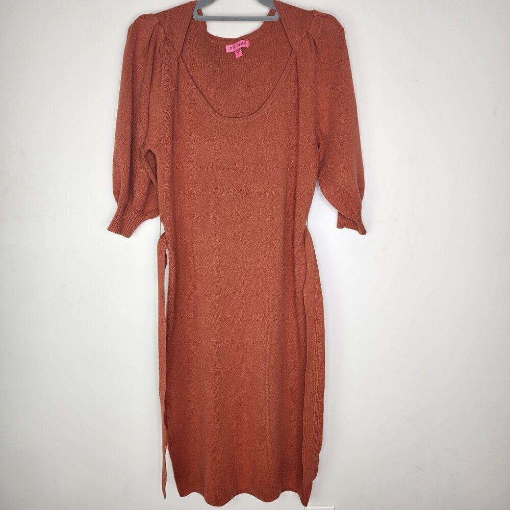Betsey Johnson Puff Sleeve Tie Waist Sweater Dress Rust Orange Size Large - Picture 3 of 10